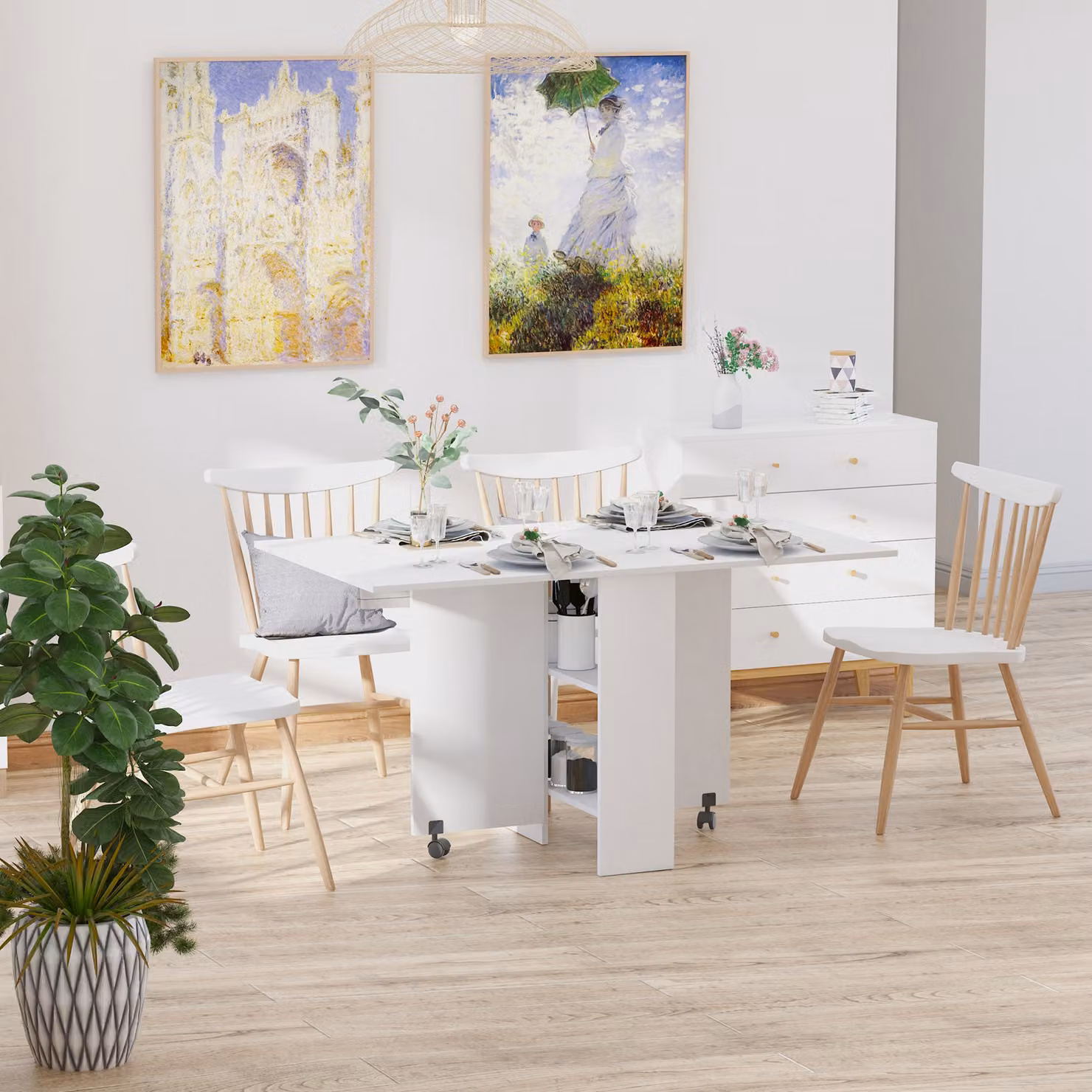 HomCom Tavolo Console Pieghevole ed Estensibile in Legno Bianco con Ruote Design Moderno Salvaspazio – 2