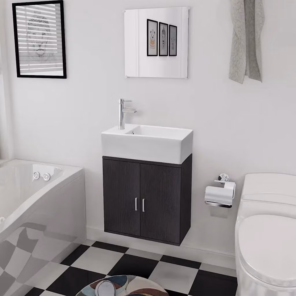 Set Mobili da Bagno Moderno Design In composto da Mobile Lavabo e Armadietto Specchio in Legno e Ceramica Nero e Bianco L/P/H: 48 x 25 x 48 cm – 2