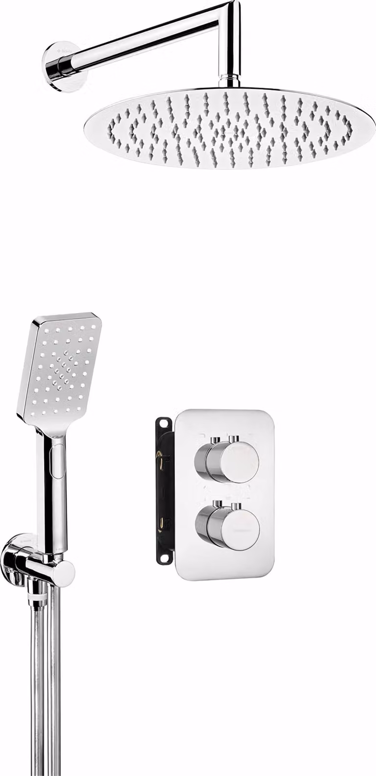 Sistema doccia BOX, cromo, con termostato, da montare a parete, con 2 manopole, portata di 19,8 litri/minuto