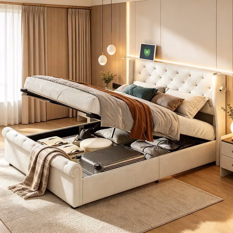 Letto imbottito con boxspring, dimensioni 140x190, con lampada da lettura e porta USB, contenitore portaoggetti, sistema di sollevamento idraulico, rivestito in velluto, colore beige.