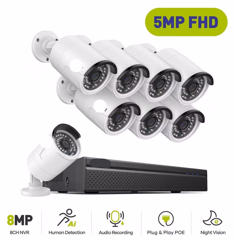 Sistema di videosorveglianza - Kit telecamere PoE - Registratore NVR a 8 canali - 8 telecamere - Senza disco rigido