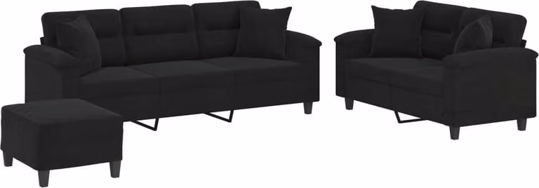 Set Divani 3 pz con Cuscini Nero in Tessuto Microfibra