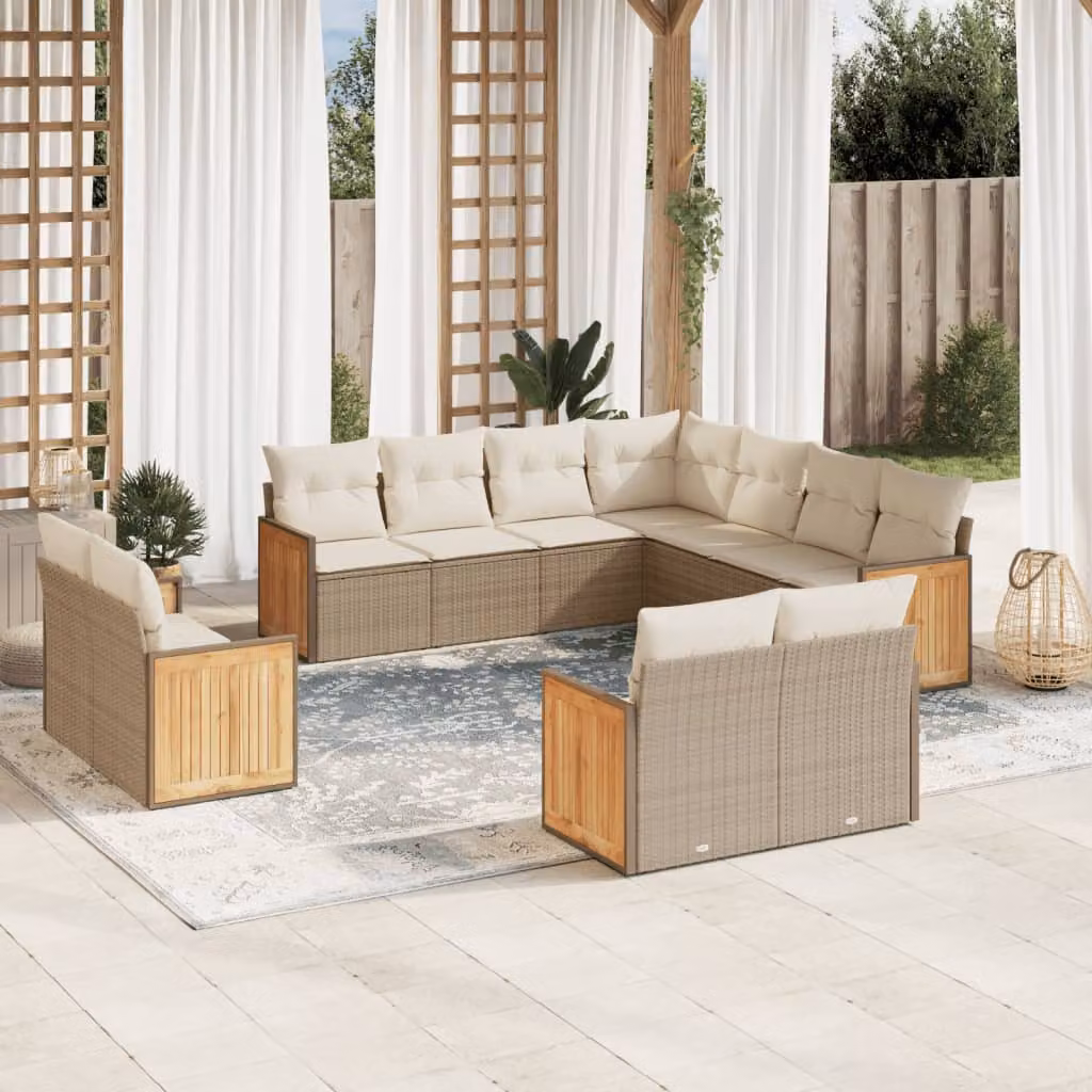 vidaXL Set Divani da Giardino 11 pz in Polyrattan con Cuscini Beige e Struttura in Legno di Acacia – 1