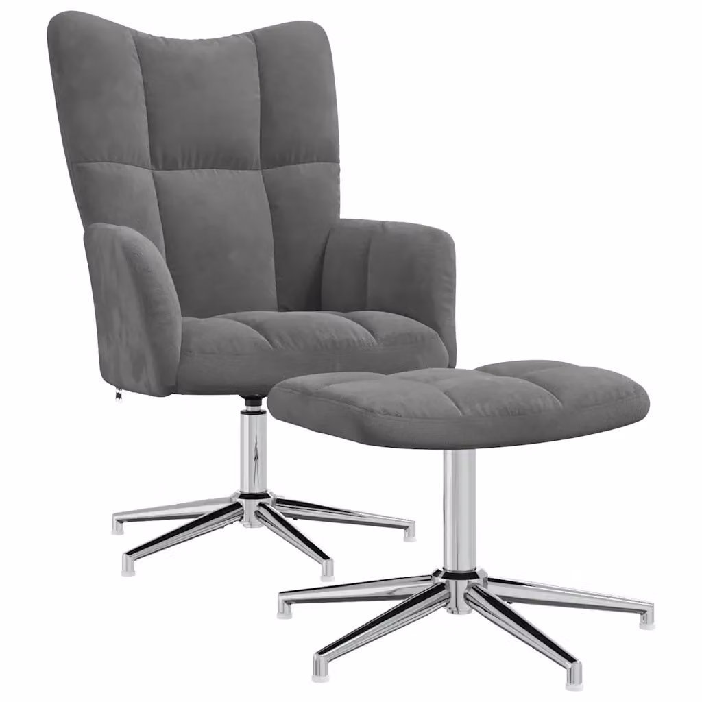vidaXL Sedia Relax con Poggiapiedi Integrato in Velluto Grigio con Struttura in Metallo e Base Girevole 360 Gradi – 2