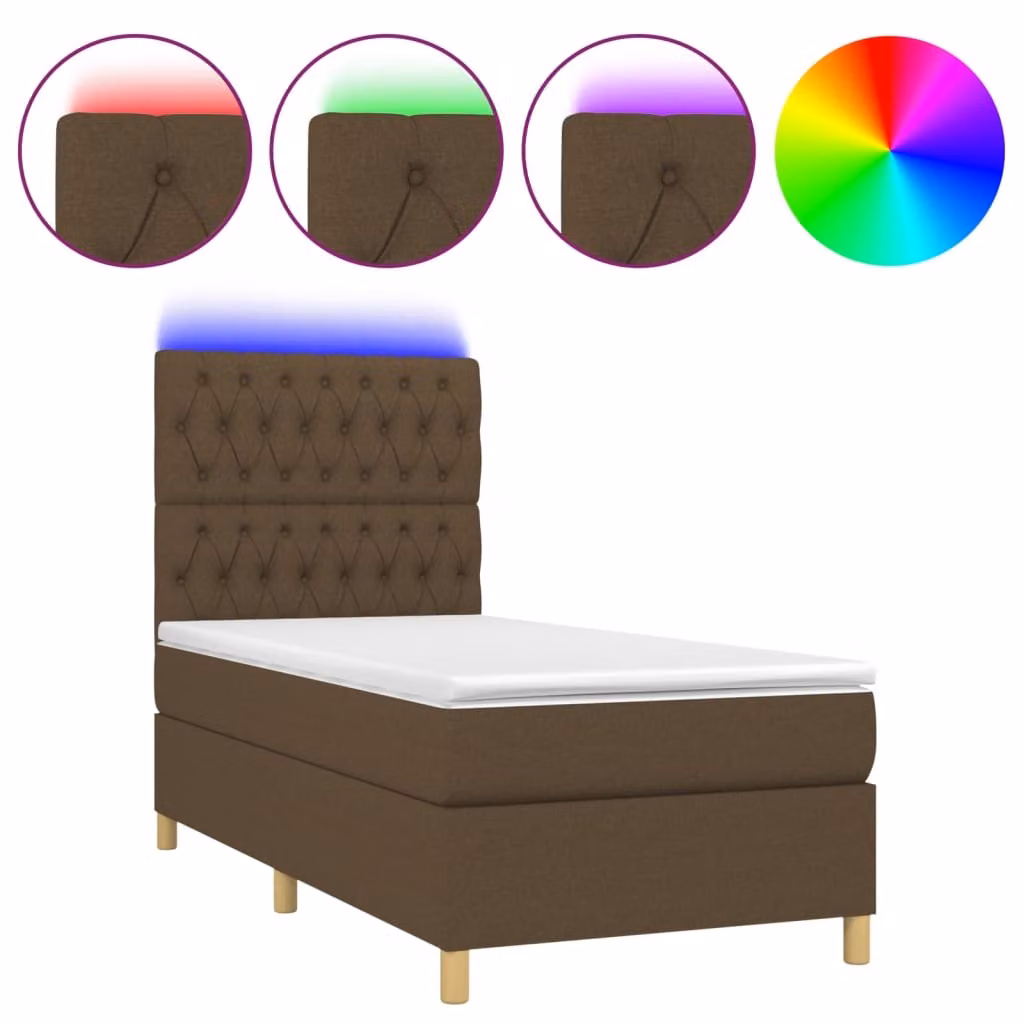 Letto a Molle Materasso e LED Marrone Scuro 90x190cm in Tessuto