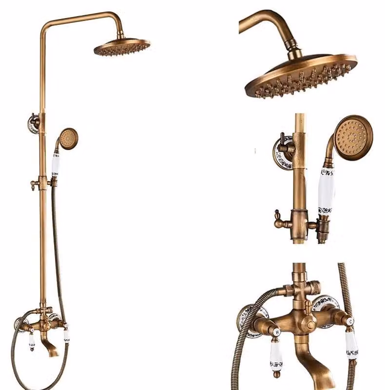 Set doccia in ottone anticato - Miscelatore per vasca e doccia - Doccia a pioggia da 20 cm - Doccetta manuale - Altezza regolabile da 70 a 120 cm - Miscelatore a due manopole per acqua calda/fredda