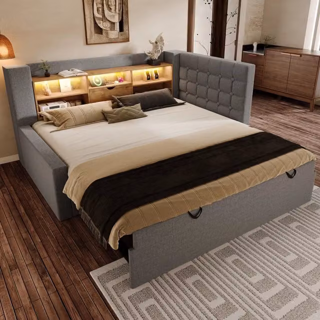 Letto divano singolo 90×200 cm con estraibile 90×190 cm, LED e prese di ricarica, senza materasso, grigio