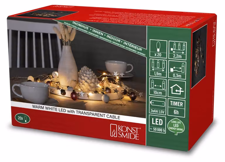 Catena luminosa a LED con perline, 20 LED bianco caldo, multicolore, timer a 6 ore, alimentazione a batteria, lunghezza 30 cm