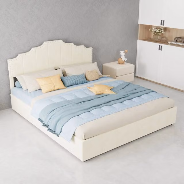 Letto imbottito 160x200 cm con materasso incluso; legno e tessuto beige