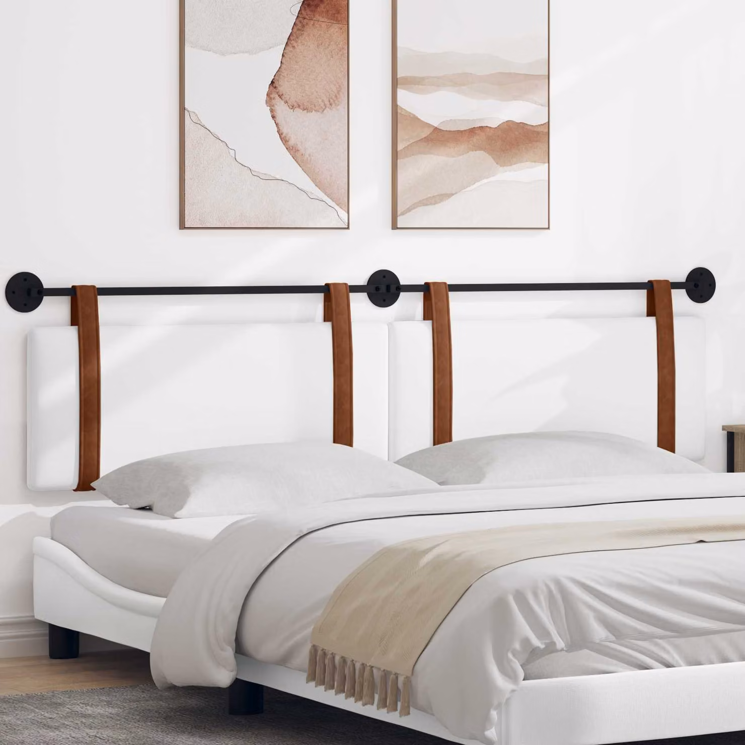 Testiera per letto sospesa vidaXL in similpelle bianca con pannello imbottito e struttura in legno e metallo