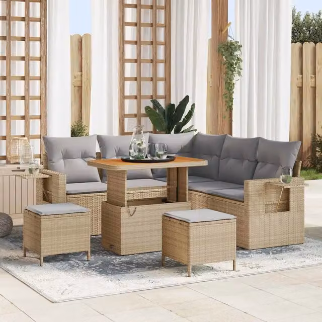 Set Divano da Giardino a L vidaXL con 9 Pezzi, Colore Grigio e Beige, Struttura in Acciaio Verniciato a Polvere e Cuscini Inclusi