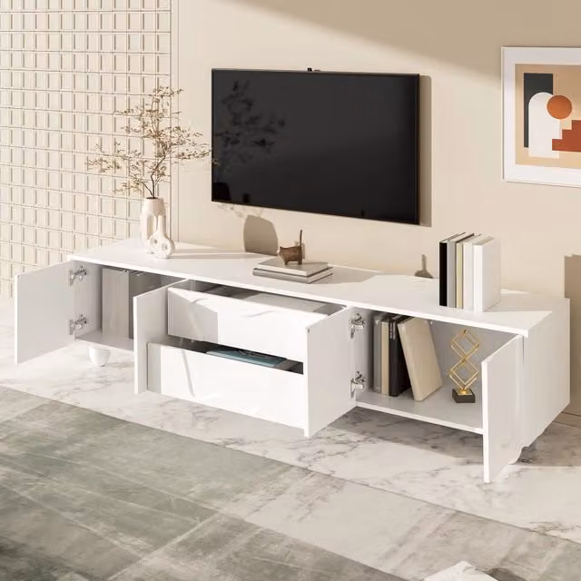 Mobile TV con ante curve e cassetti in pannello truciolare bianco opaco con gambe in legno 180 × 40 × 42 cm
