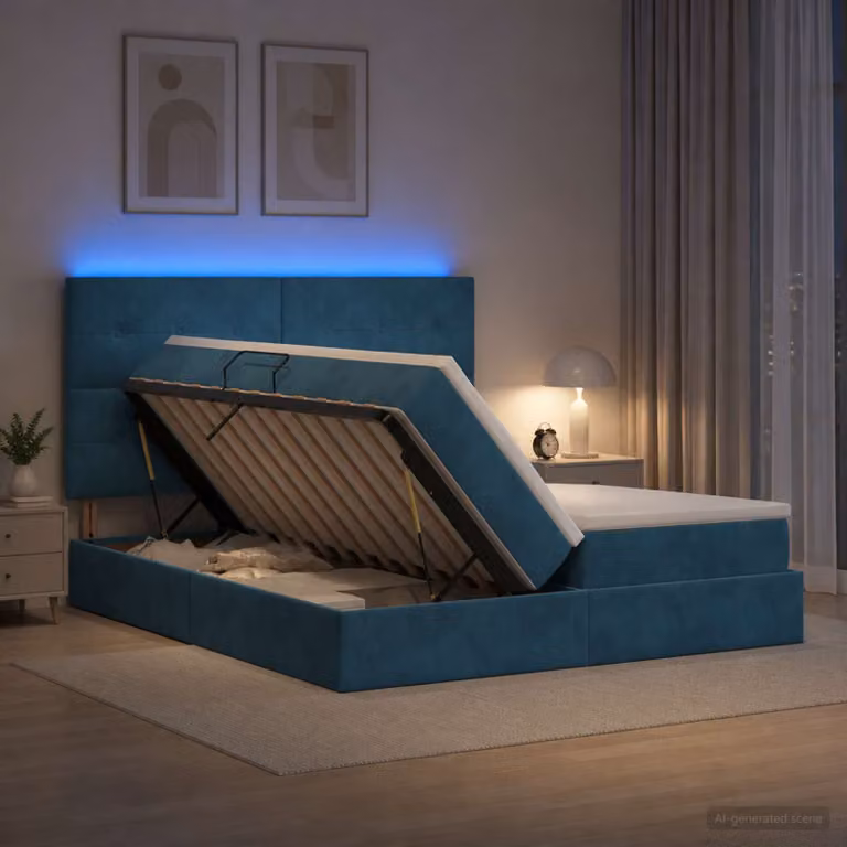 Letto con contenitore e materasso ibrido vidaXL in velluto blu con illuminazione LED e porta USB L/P/H: 200 x 200 x 34 cm