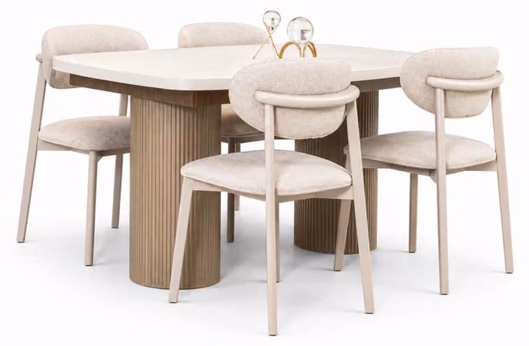 Set da pranzo chiaro: tavolo da pranzo di design con 4 sedie imbottite – Set di pregio