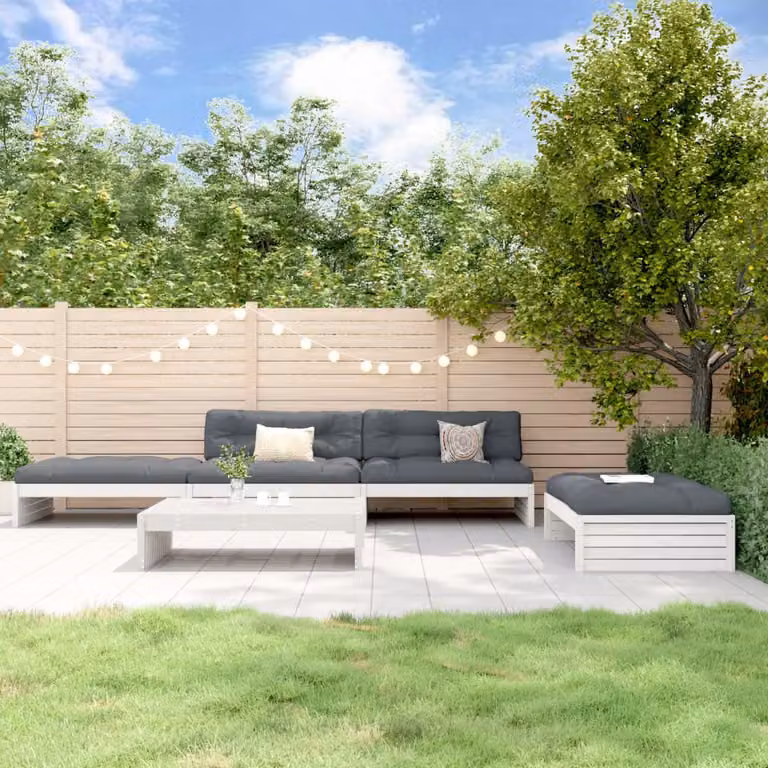 Set di divani da giardino vidaXL a forma di L in legno di pino con cuscini e tavolino da esterno