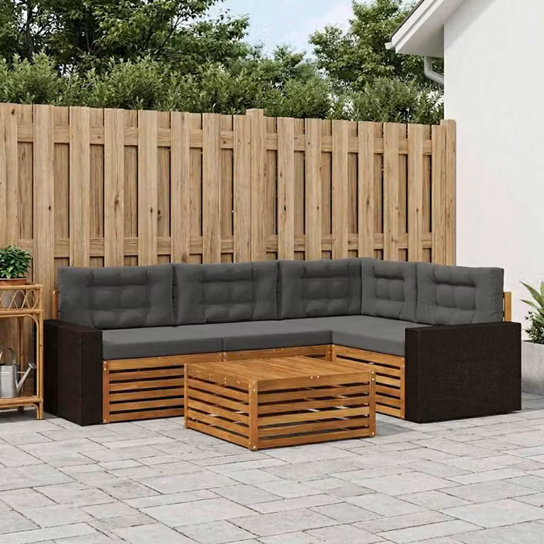 vidaXL Set di divani da esterno 5 pezzi in legno di acacia con cuscini, colore beige e antracite