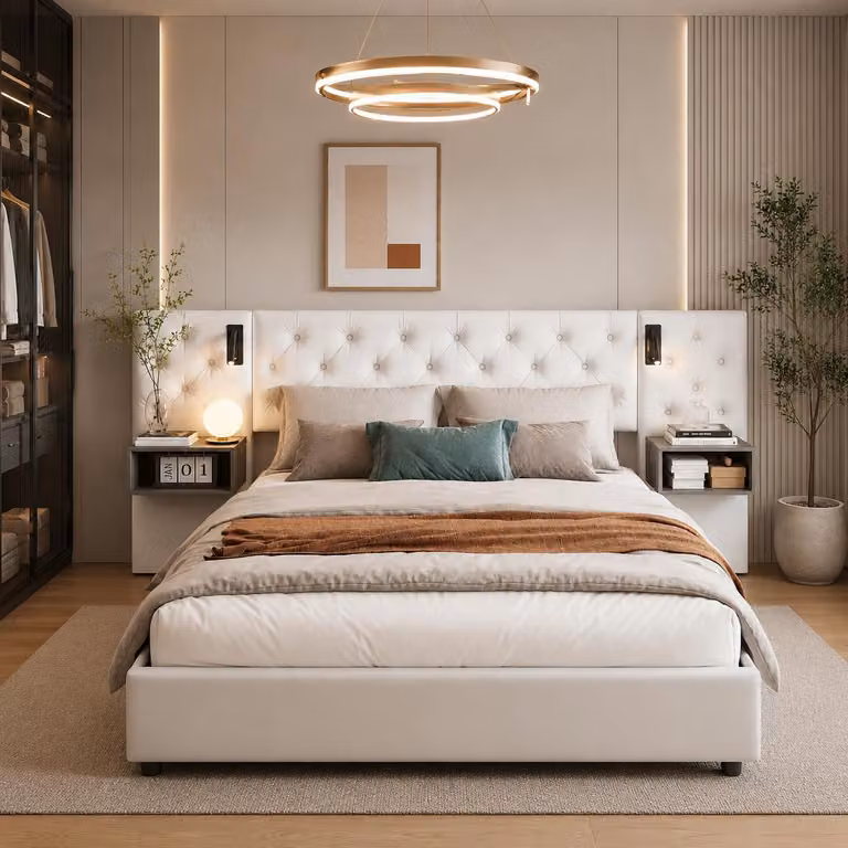 Letto imbottito idraulico INONEFT, 160x200 cm, con porta USB, letto matrimoniale per ragazzi con lampada da comodino, letto a molle con 2 cassettiere laterali, rivestito in velluto, colore beige