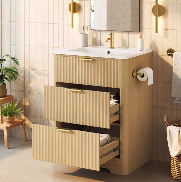 Mobile lavabo da terra 61 cm con lavabo in ceramica; 2 cassetti e porta carta igienica