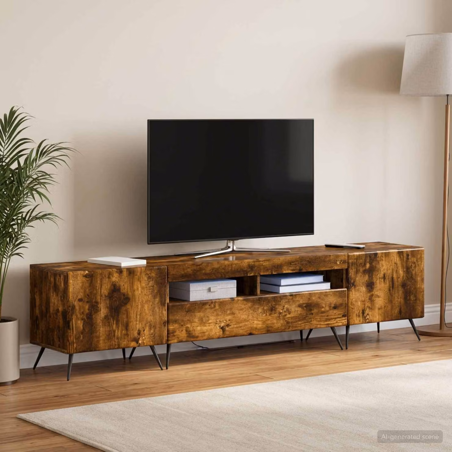 Mobile TV Stand vidaXL BREDA in legno ingegnerizzato Rovere Fumo con illuminazione LED e scomparti multimediali, Marrone, L: 198,0 cm, P: 43,0 cm, H: 35,0 cm
