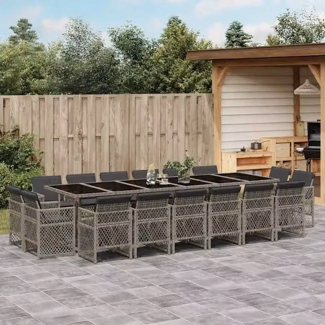 Set da pranzo da giardino vidaXL in polyrattan con cuscini e tavolo in vetro, 17 pezzi, grigio e nero – 1
