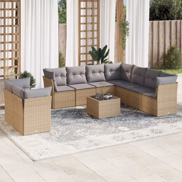 vidaXL Set Divano da Giardino 10 pz in Polyrattan con Cuscini Beige e Tavolino da Esterno