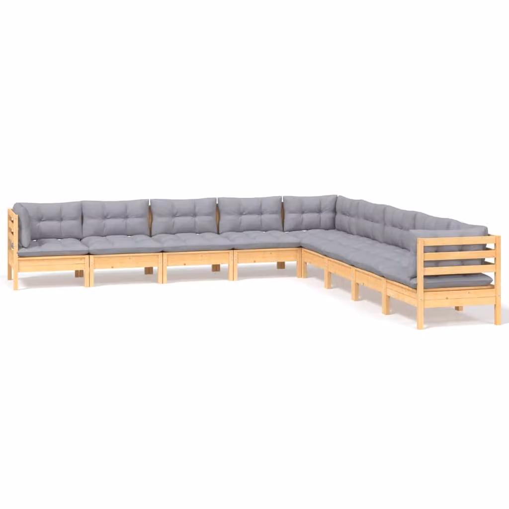 Set Divani da Giardino 9 pz con Cuscini Grigi Massello di Pino