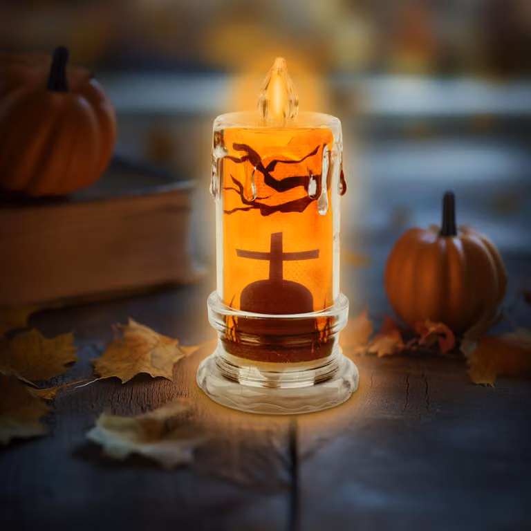Candela LED a tema Halloween - lapide - luce LED arancione - 3 batterie LR1130 - dimensioni 5 x 5 x 10 cm