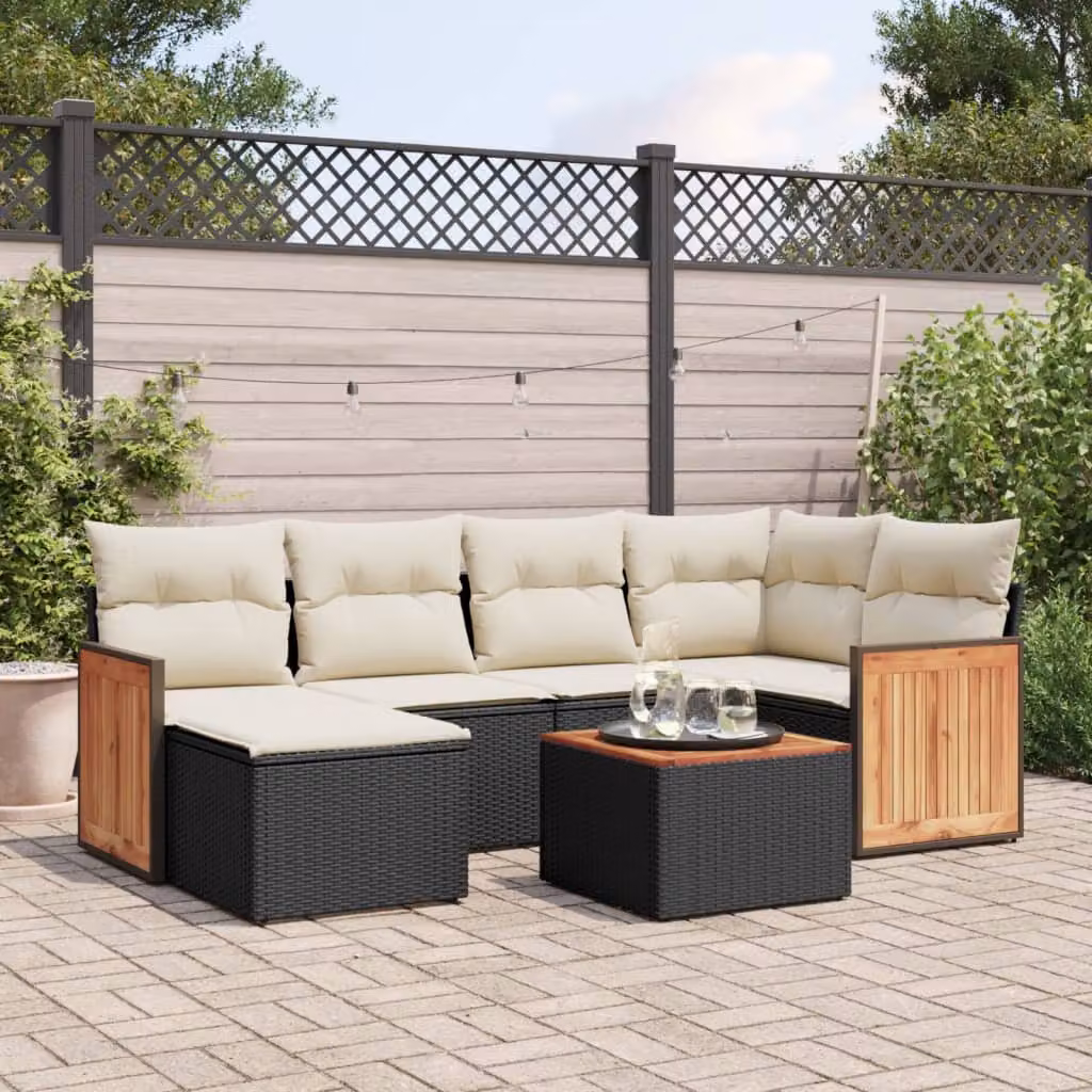 vidaXL Set Divani da Giardino a L con Cuscini 7pz in Polyrattan Nero e Legno di Acacia – 1