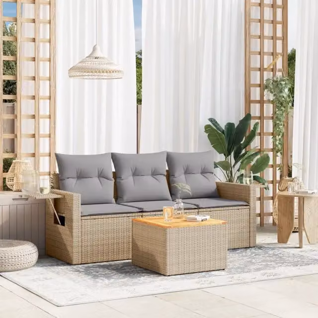 Set Divano da Giardino 4 pz con Cuscini-Sofa da Giardino-Divanetto da esterno Beige Misto Polyrattan 978419