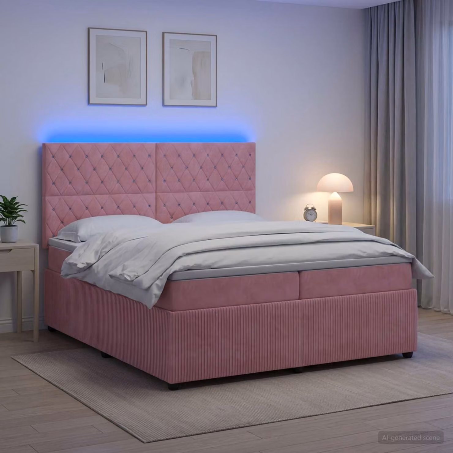 Letto Box Spring vidaXL in Velluto Rosa con Materasso Ibrido e Illuminazione LED, L/P: 200 x 200 cm