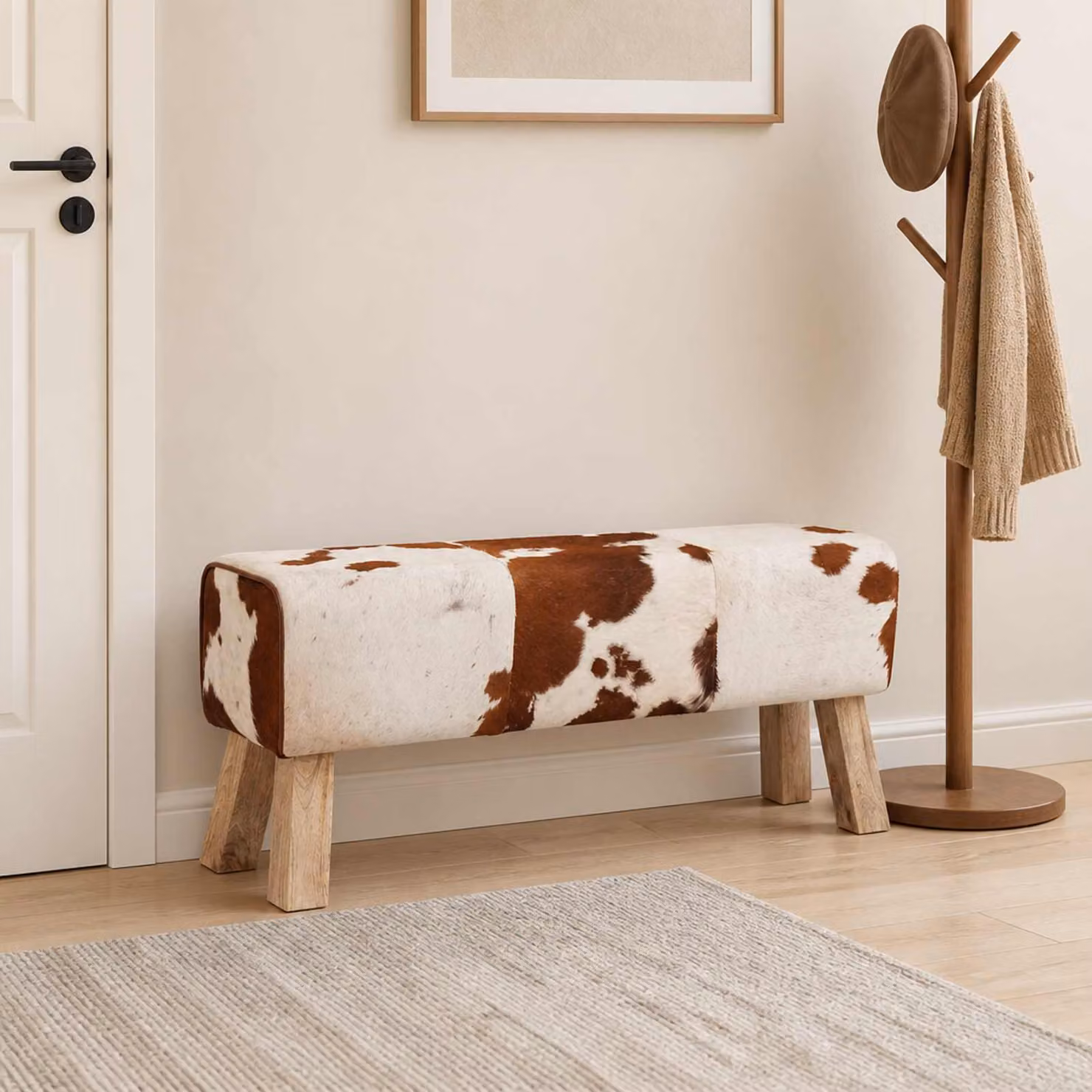 Panchina moderna vidaXL in pelle e legno con stampa animal print, marrone e bianco, L 110 x P 30 x H 45 cm