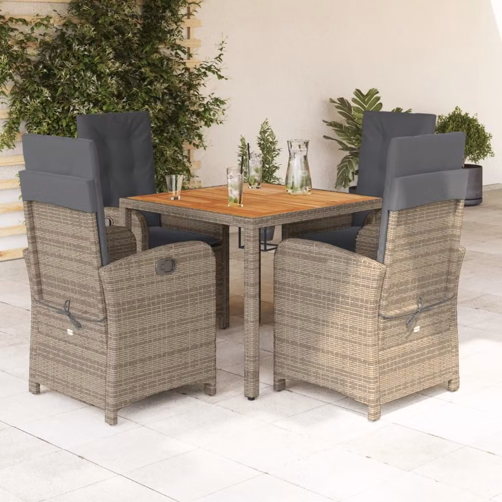 Set da Pranzo da Giardino vidaXL 5 Pezzi in Polyrattan e Legno di Acacia con Cuscini Grigio e Marrone