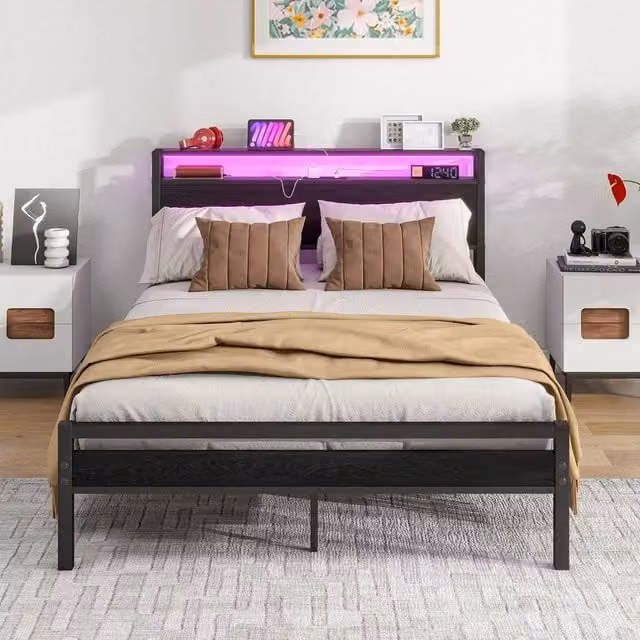 Letto Contenitore Minimal con Testiera LED, Porta USB-C e Ripiani Laterali in Metallo Nero L/P: 120 x 200 cm