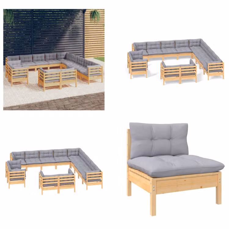 vidaXL Set da salotto da giardino 13 pezzi con cuscini grigi in pino massiccio - Set da salotto da giardino - Set da salotto da giardino - Set di mobili da giardino - Set di mobili da giardino