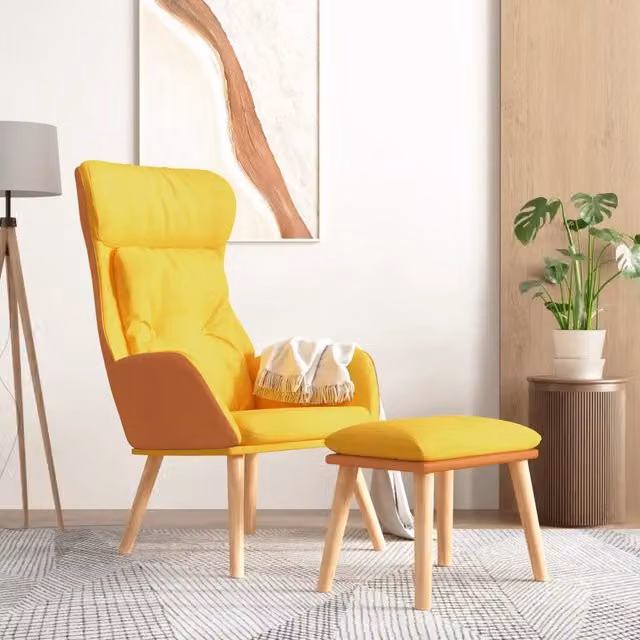 Poltrona Relax con Poggiapiedi vidaXL Gialla in Similpelle e Tessuto con Struttura in Metallo e Legno