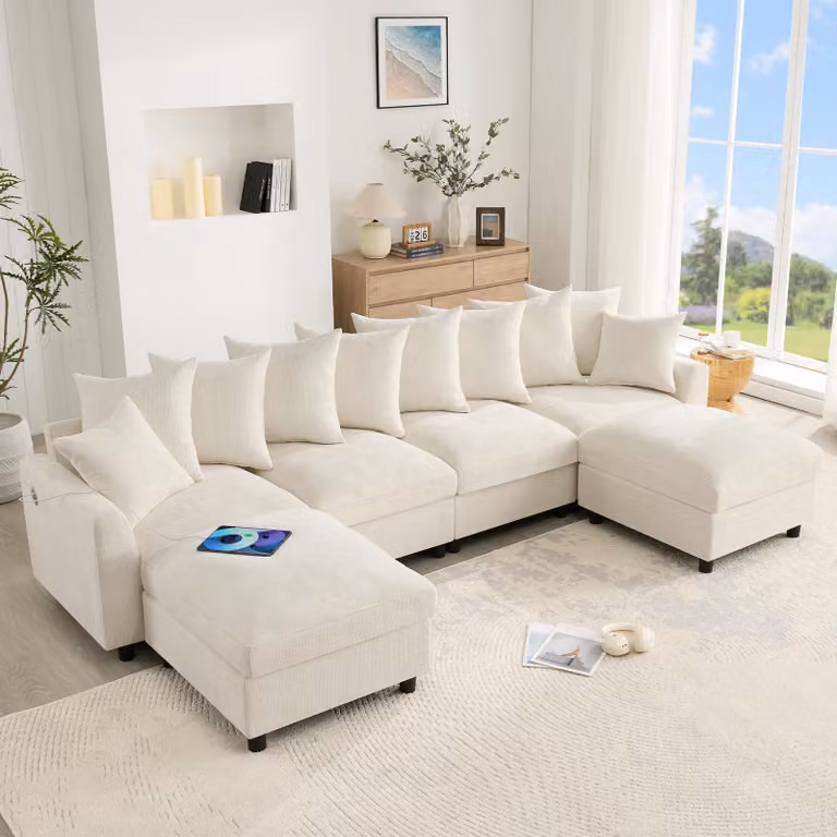 Divano angolare modulare a forma di U, 6 posti, con 2 poggiapiedi, porta USB di tipo C, divano in velluto con imbottitura a molle insacchettate, color beige