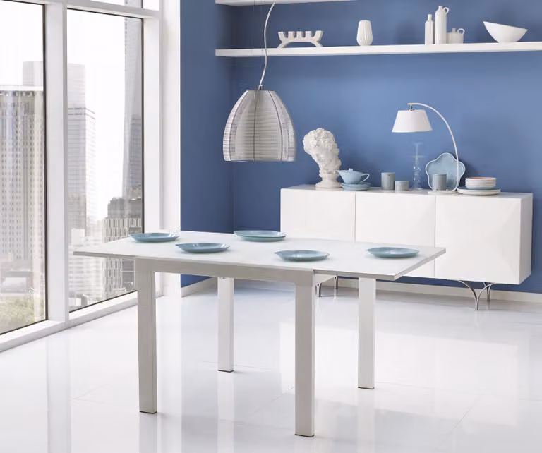 E-Stylo Tavolo Allungabile Quadrato in Vetro Temperato Acidato e Metallo Bianco L/P/H: 90 x 90/163,5 x 76 cm