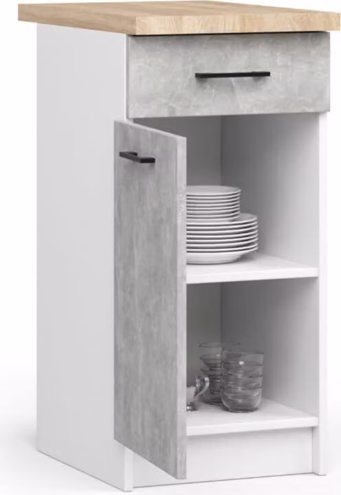 Mobile da cucina BDW, mobile da cucina con piano di lavoro, anta, cassetto, bianco / cemento