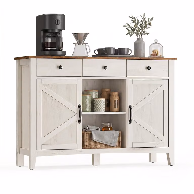 VASAGLE Mobile da cucina con portabottiglie estraibile, credenza con cassetti e ante, ripiani regolabili, stile country house