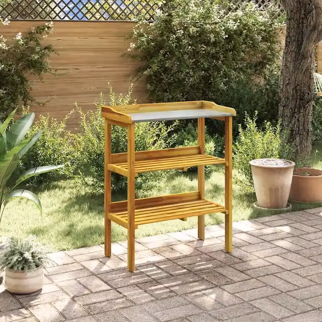 Fioriera | Cassetta per fiori | Vaso a 2 Ripiani in Legno Massello di Acacia e Zinco