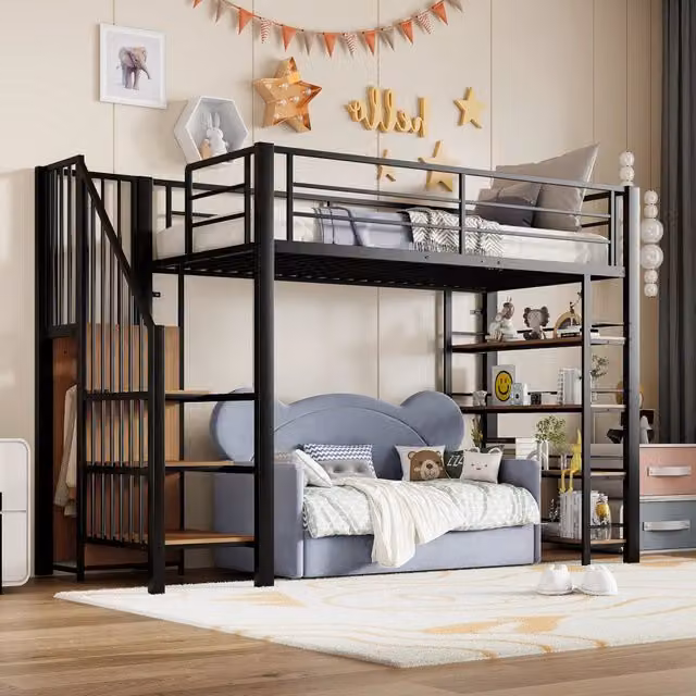 Letto a soppalco 90x200 cm in metallo nero, con scala contenitore, armadietto e sponda alta