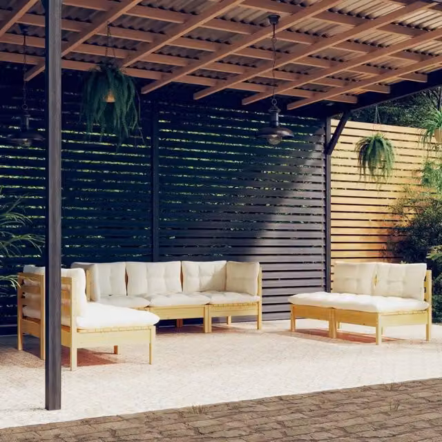 Set Divani da Giardino 7 pz con Cuscini Crema Massello di Pino 3096220