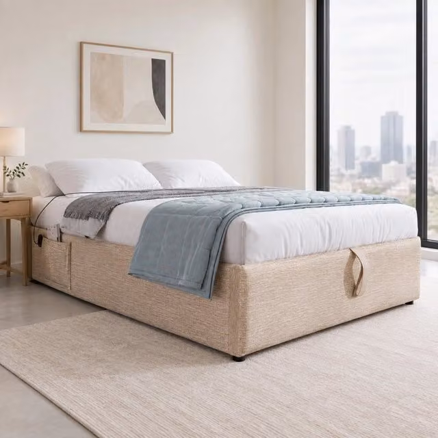 Letto contenitore 140×200 cm in lino naturale con USB/Type-C e rete a pannello