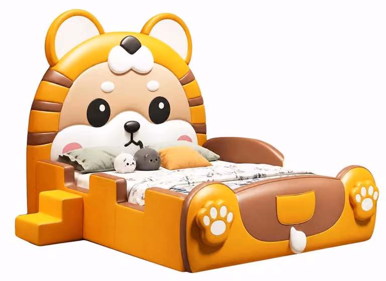 Letto per bambini color arancione, a forma di cucciolo di leone, con scivolo, scaletta e luci LED