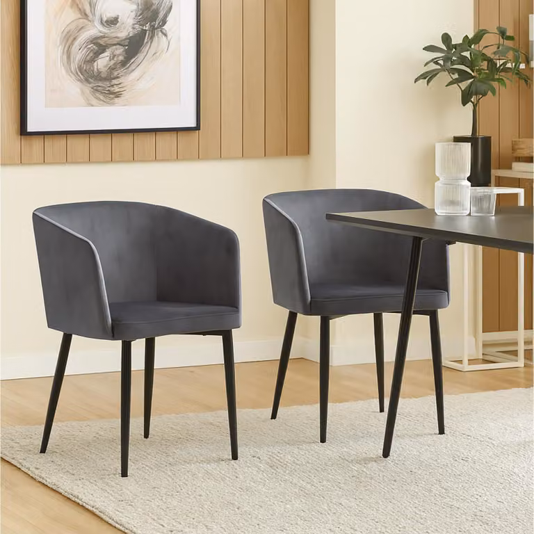 Set di 2 sedie imbottite in velluto grigio con braccioli e struttura in metallo