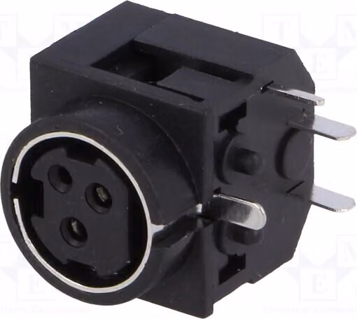 1 connettore a montaggio su circuito stampato (THT), femmina, con 3 pin per l'alimentazione CC, 30 VDC, modello PC-MDJ-401-3P, connettore CC