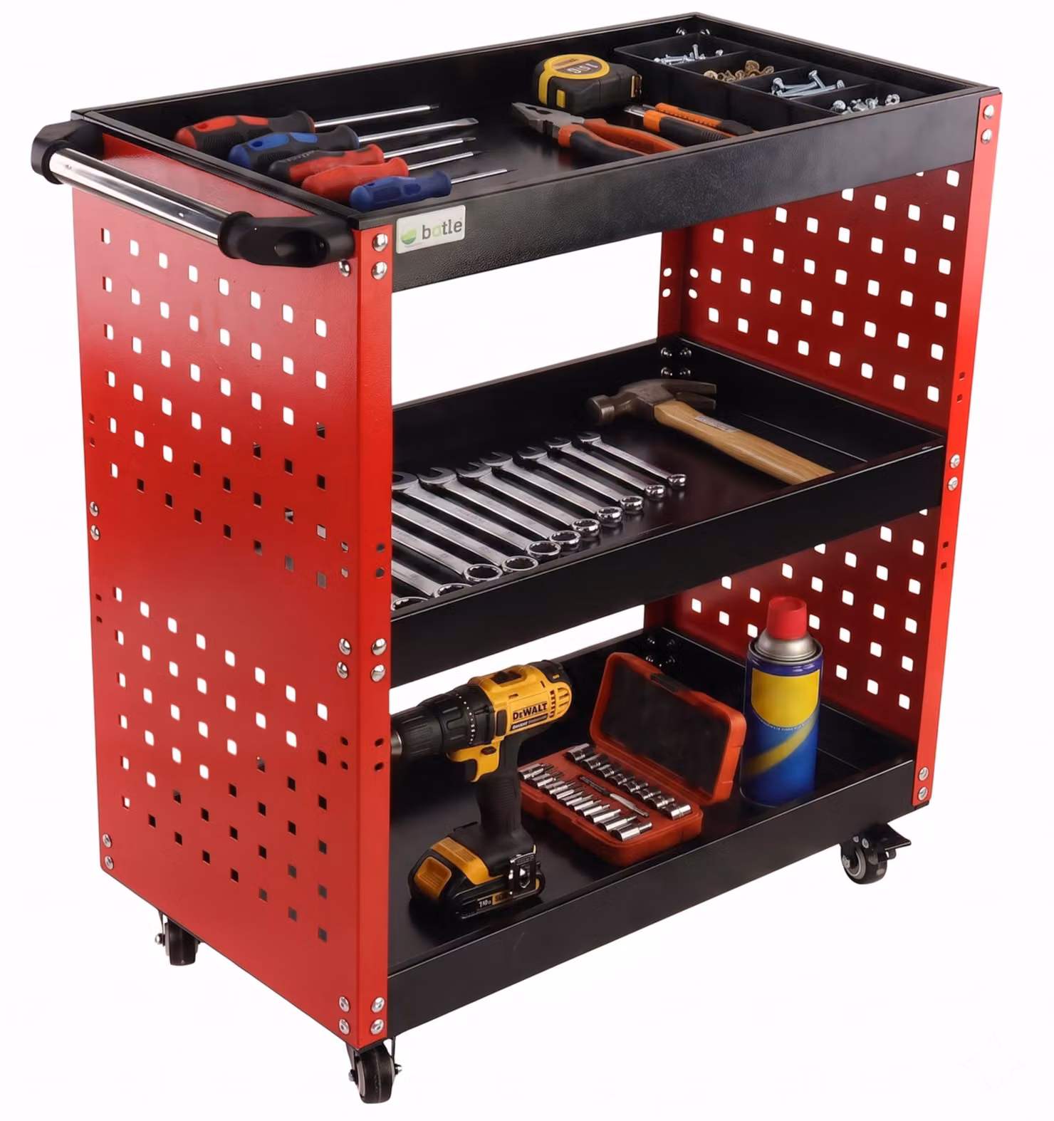 Carrelli di servizio, carrelli da officina, carrelli portautensili a 3 scomparti fino a 100 kg, carrelli con pareti forate, carrelli multifunzione, carrelli a ripiani, carrelli di montaggio per utensili da officina e servizi