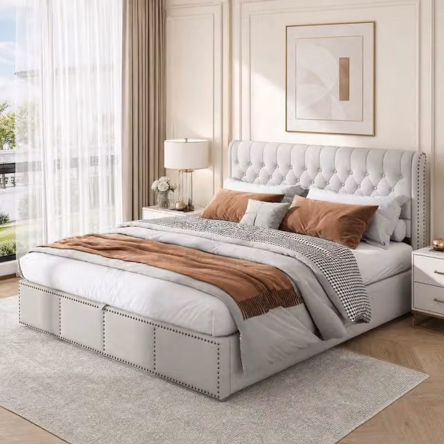 Letto contenitore matrimoniale 160×200 cm con testiera imbottita e rete, senza materasso, cotone e lino, grigio
