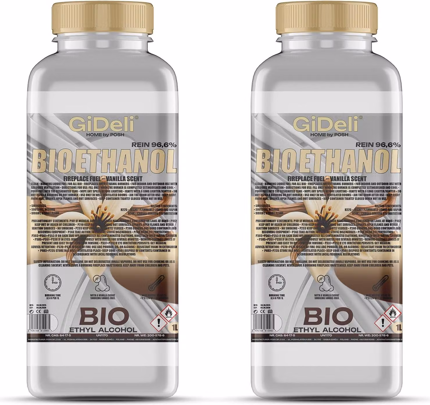 Bioetanolo profumato alla vaniglia 96,6% 2L per caminetti Universale Senza fumo Senza fuliggine GiDeli