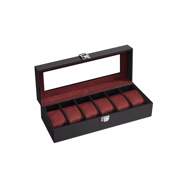 Scatola Porta Orologi con 6 Slot Marrone | SONGMICS, Superficie In Pu Nero + Interno Rosso Bordeaux / 6 Posti（11,2 x 30 x 8 cm ）